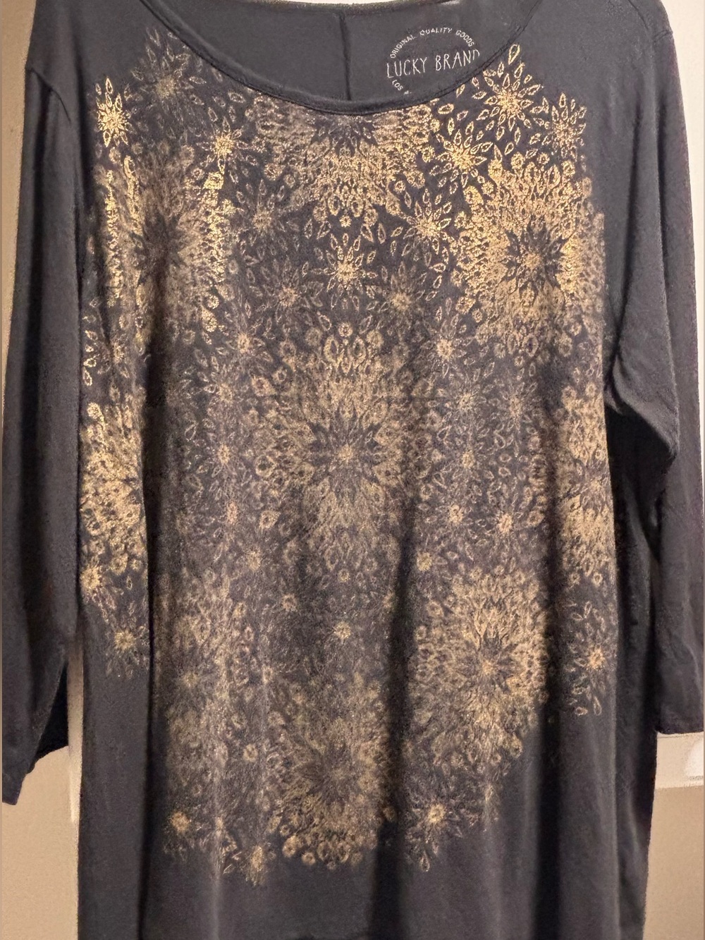 Women’s Lucky Brand Black Long Sleeve Top with Gold Medallion Print, super soft